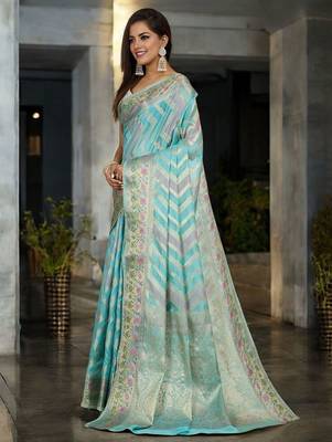 blue woven design zari organza handloom banarasi saree 2