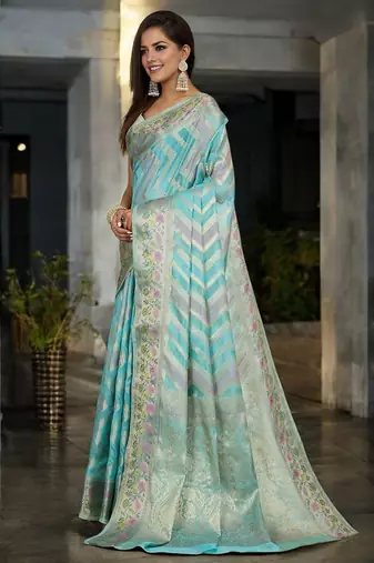 blue woven design zari organza handloom banarasi saree