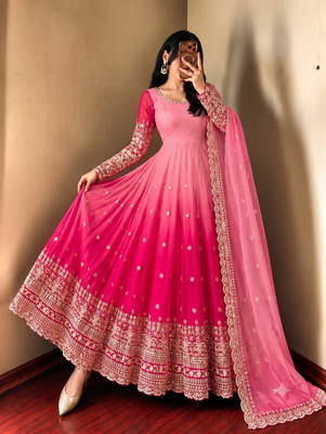 Designer pink shaded long flared anarkali suit set for women 1