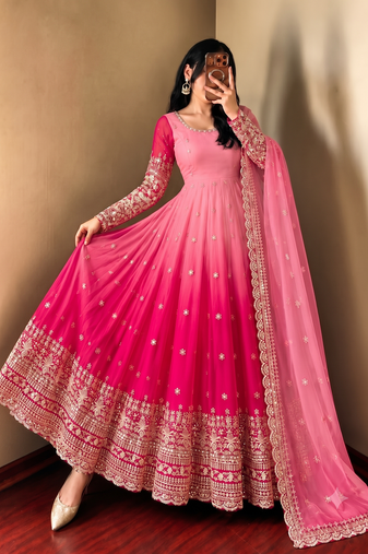 Designer pink shaded long flared anarkali suit set for women