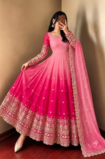 Designer pink shaded long flared anarkali suit set for women
