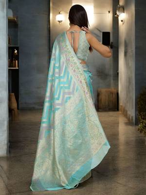 blue woven design zari organza handloom banarasi saree 3