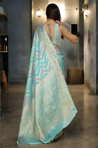 blue woven design zari organza handloom banarasi saree