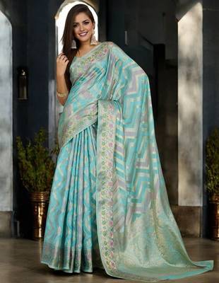 blue woven design zari organza handloom banarasi saree 4