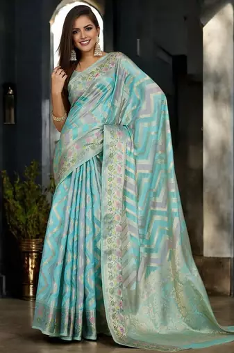 blue woven design zari organza handloom banarasi saree