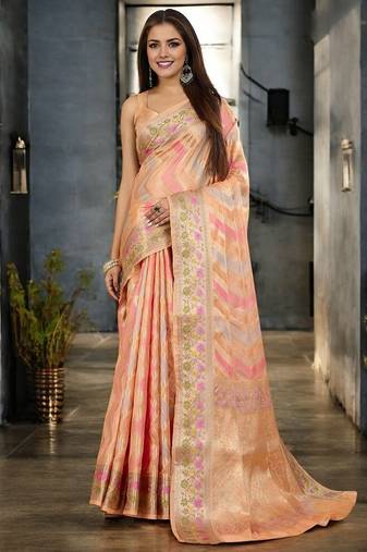 peach leheriya zari organza banarasi saree