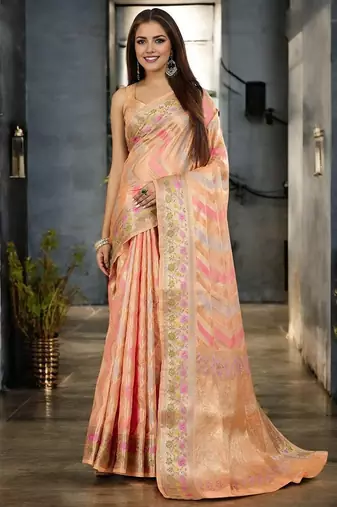 peach leheriya zari organza banarasi saree