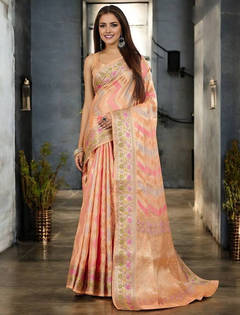 peach leheriya zari organza banarasi saree