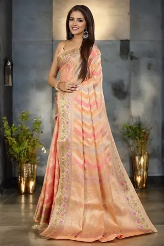peach leheriya zari organza banarasi saree