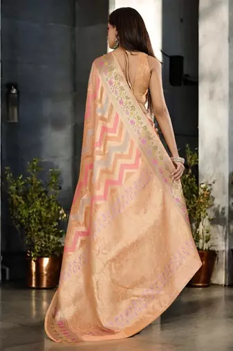 peach leheriya zari organza banarasi saree