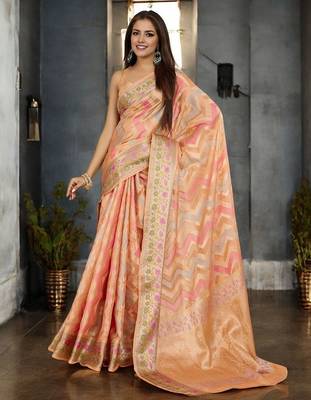 peach leheriya zari organza banarasi saree 4