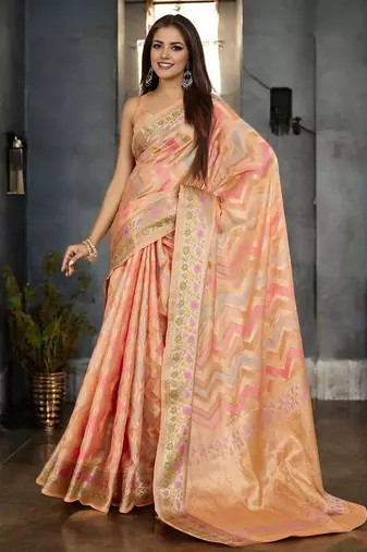 peach leheriya zari organza banarasi saree