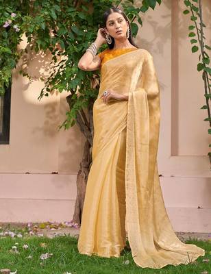yellow yellow embellished beads & stones pure chiffon saree 1