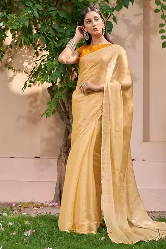yellow yellow embellished beads & stones pure chiffon saree