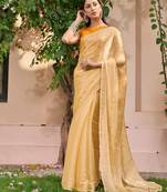 yellow yellow embellished beads & stones pure chiffon saree