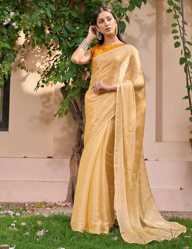yellow yellow embellished beads & stones pure chiffon saree