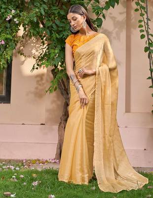 yellow yellow embellished beads & stones pure chiffon saree 2
