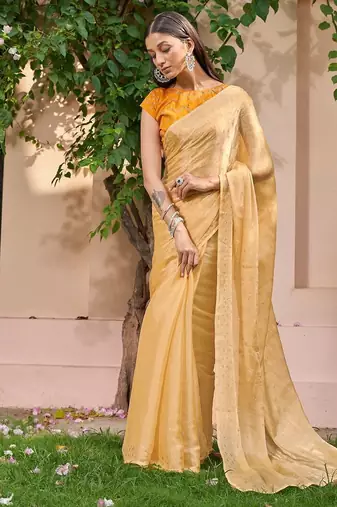 yellow yellow embellished beads & stones pure chiffon saree