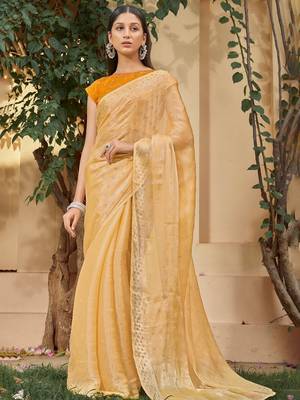 yellow yellow embellished beads & stones pure chiffon saree 3