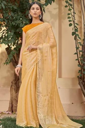 yellow yellow embellished beads & stones pure chiffon saree