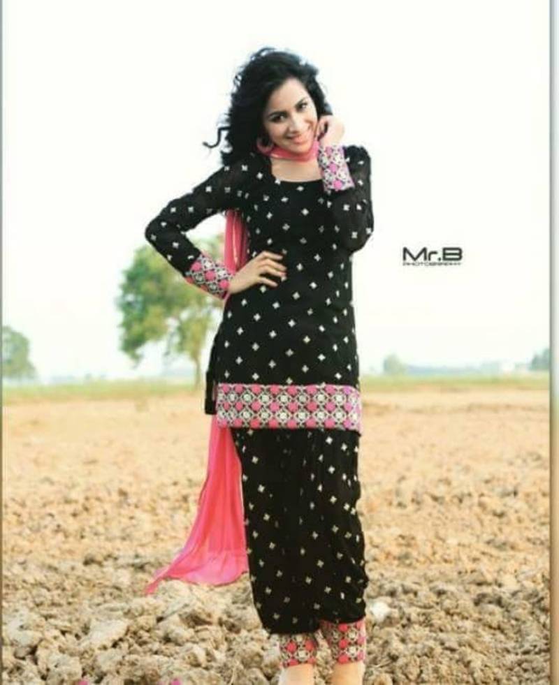 Black and Pink embroidered cotton semi stitched salwar with dupatta