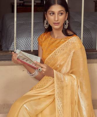 yellow yellow embellished beads & stones pure chiffon saree 4