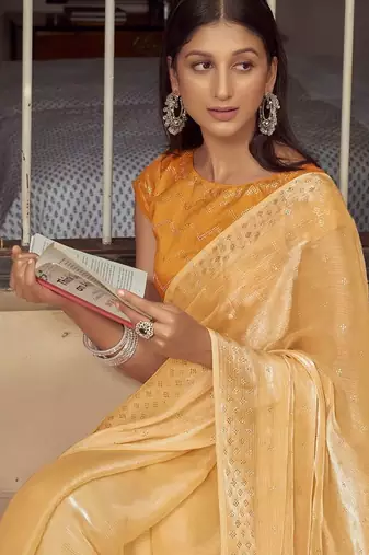 yellow yellow embellished beads & stones pure chiffon saree