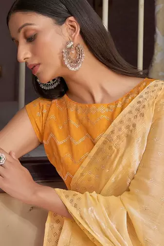 yellow yellow embellished beads & stones pure chiffon saree
