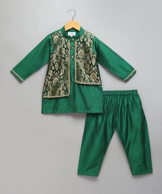 Green woven cotton silk kurta set 1
