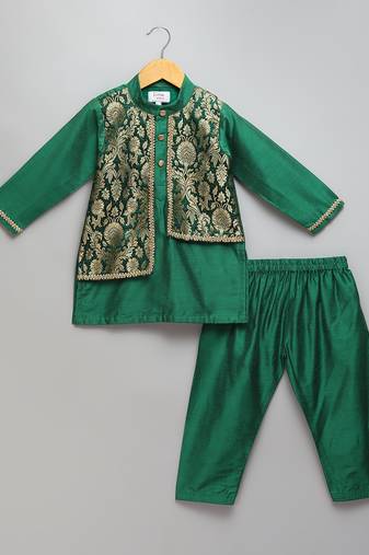 Green woven cotton silk kurta set