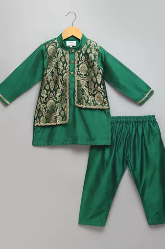 Green woven cotton silk kurta set
