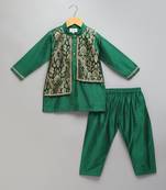 Green woven cotton silk kurta set
