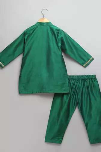 Green woven cotton silk kurta set