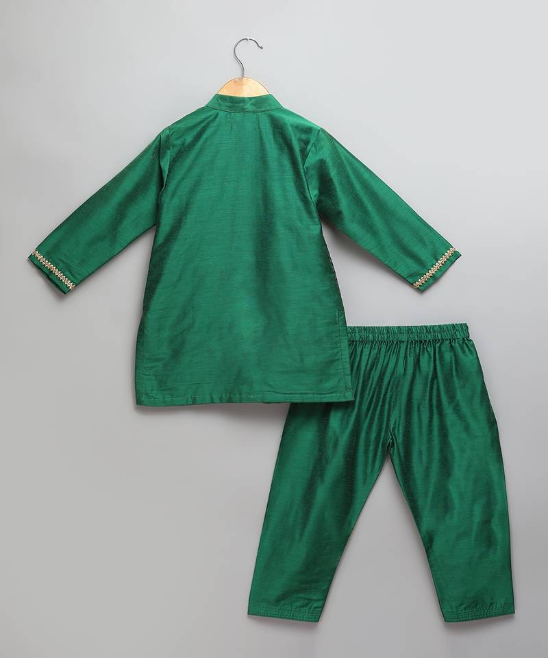 Green woven cotton silk kurta set