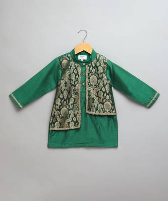 Green woven cotton silk kurta set 3