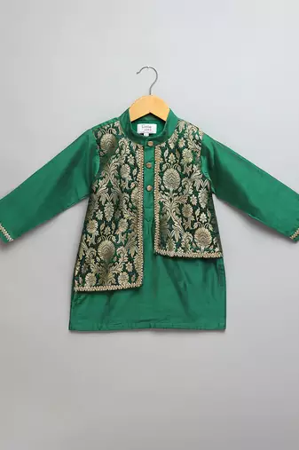 Green woven cotton silk kurta set