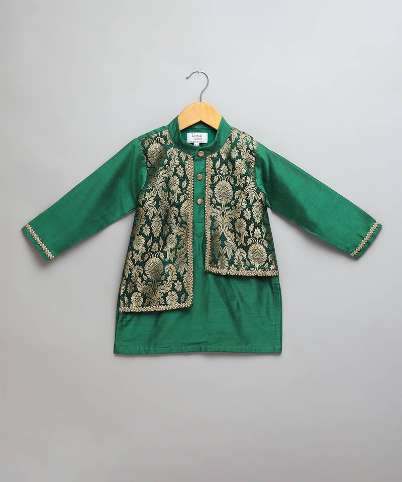Green woven cotton silk kurta set