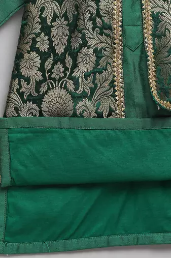 Green woven cotton silk kurta set