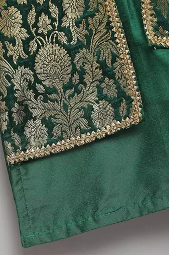 Green woven cotton silk kurta set