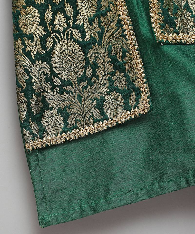 Green woven cotton silk kurta set