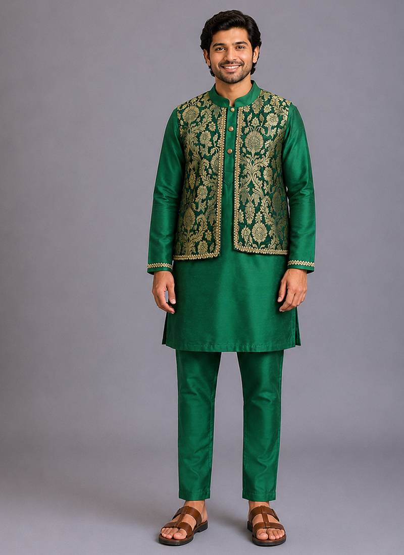 Green woven cotton silk kurta set