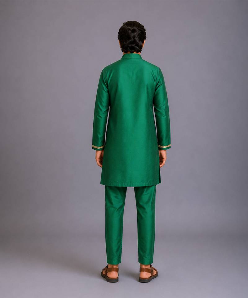 Green woven cotton silk kurta set