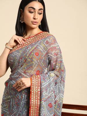 grey gotta patti poly georgette bandhani saree 1