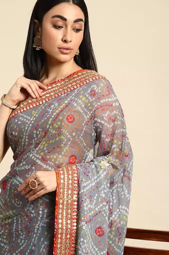 grey gotta patti poly georgette bandhani saree