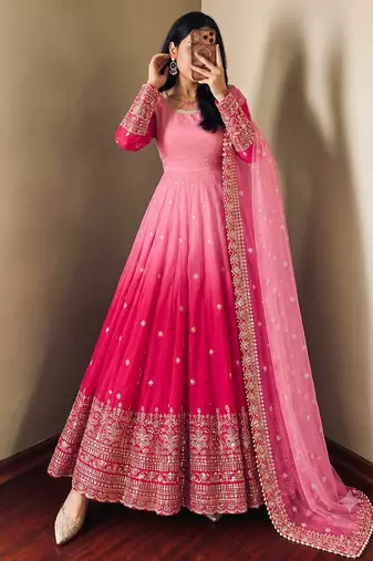 Designer pink shaded long flared anarkali suit set for women