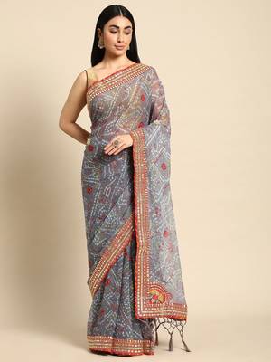 grey gotta patti poly georgette bandhani saree 2