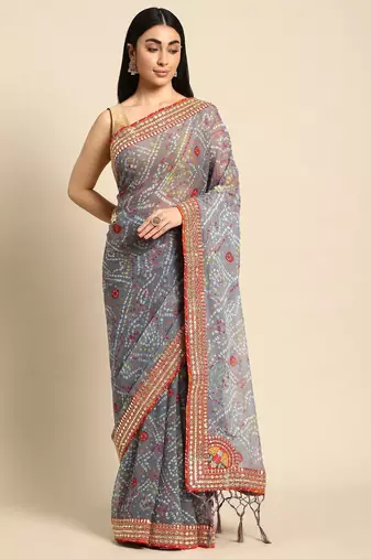 grey gotta patti poly georgette bandhani saree