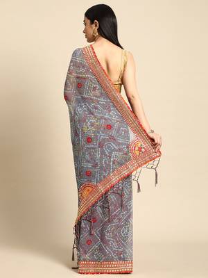 grey gotta patti poly georgette bandhani saree 3