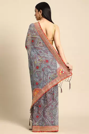 grey gotta patti poly georgette bandhani saree
