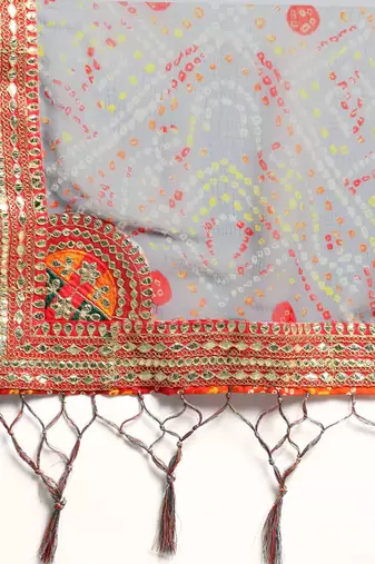 grey gotta patti poly georgette bandhani saree